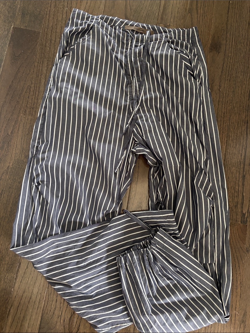 Enza Costa 100%cotton relaxed leg pants blue/gray w/white stripes, USA, size S
